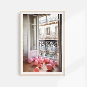 Pink Balloons In Apartment Balcony In Paris France, Large Wall Art, Light pink wall art, neutral decor, Parisian balcony