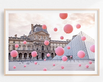 Paris Travel Print, Louvre Photograph, Paris Photo Print, Paris Photography Print With Pink Balloons, light pink wall art, pink wall art