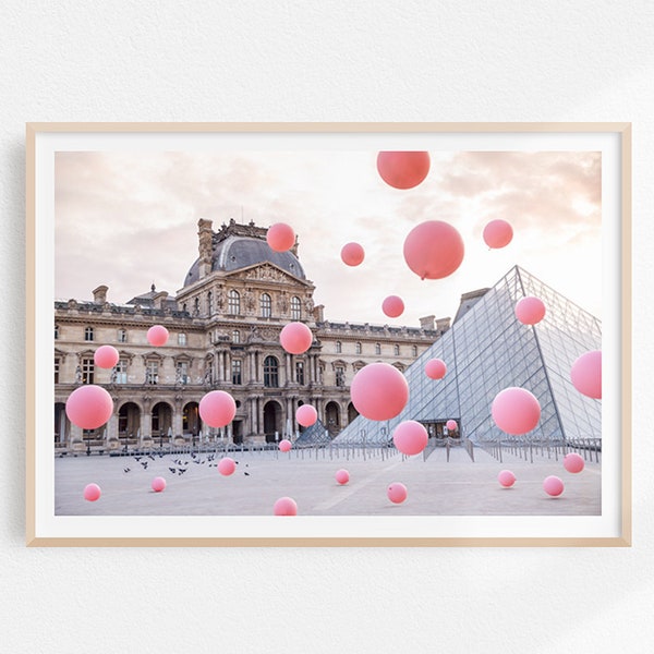 Paris Travel Print, Louvre Photograph, Paris Photo Print, Paris Photography Print With Pink Balloons, light pink wall art, pink wall art
