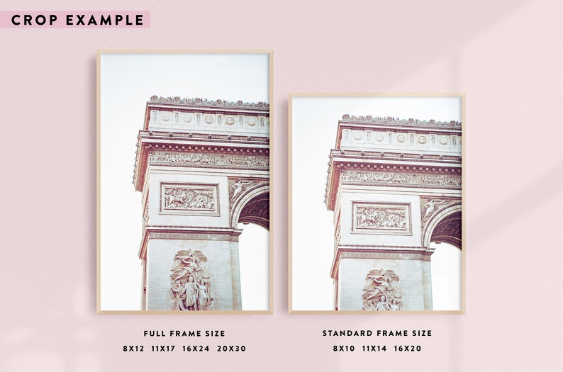 May include: A close-up of the Arc de Triomphe in Paris, France. The image is cropped to show the top of the arch and the intricate details of the stonework. The background is a soft pink.