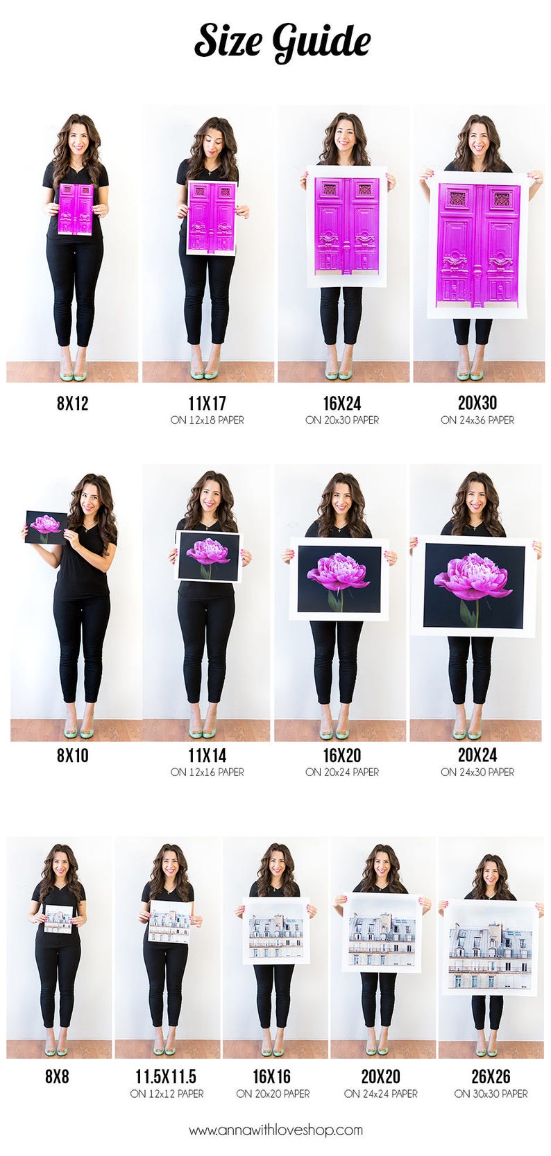 May include: A size guide for prints, showing different sizes of prints held by a person. The sizes are 8x10, 8x12, 11x14, 11x17, 16x20, 16x24, 20x24, 20x30, 8x8, 11.5x11.5, 16x16, 20x20, and 26x26. The guide also includes the paper size for each print.