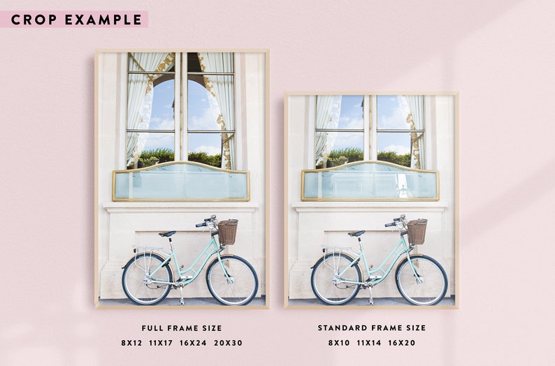 May include: Two framed prints showcasing a light blue bicycle with a wicker basket parked in front of a window. The window has a light blue panel and gold trim. The prints are labeled with frame sizes.