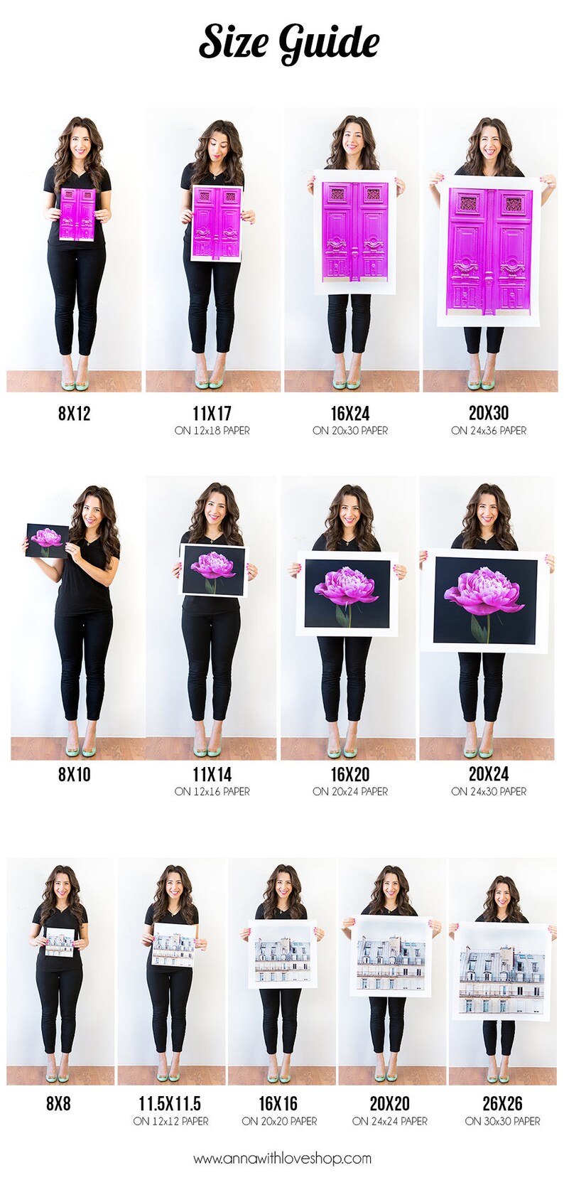 May include: Size guide showing various print sizes, including 8x12, 11x17, 16x24, and 20x30 inches, with images of a door, a flower, and buildings. The text "Size Guide" is at the top. The website address is www.annawithloveshop.com.
