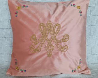 Embroidered velvet cushion cover - Marie-Antoinette monogram - flowery