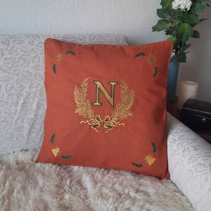 Terracotta cotton cushion cover - embroidered - Napoleon Bonaparte monogram