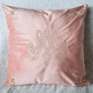 Embroidered velvet cushion cover - Marie-Antoinette monogram