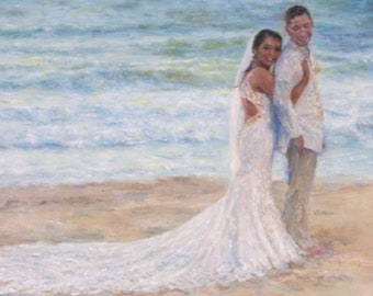 Custom Beach Wedding Painting, painted from your photos,  unique wedding gift, oil painted portraits, original art on canvas, 2-Figure