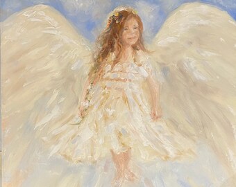 Child Angel Painting, Spiritual Oil Painting, Angelic - one of a series, Oil painting on cradled panel by American Artist Catherine Trezek