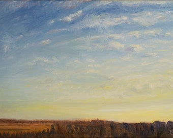 Oil Painting of Sunny Sky, Original Sunset Painting, Enjoy Peaceful Clouds and Sunset in your home, American Artist Rural Landscape Painting