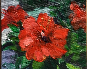 Original Red Hibiscus Painting, small miniature oil paintings, original art work, garden floral paintings