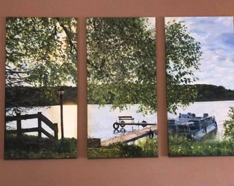 Custom Painting Triptych Style, 3-panel painting, window look outdoor view paintings from your photos, lake or wood view custom oil painting
