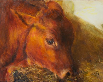 Painting of Red Calf, an original oil painting by American artist Catherine Trezek, painting nature and cows, calves, bulls, farm animals