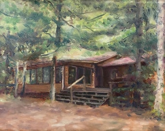 Custom Cottage Paintings, paintings from your photos, vacation cabin or cottage paintings, rustic woodsy paintings by an American artist.