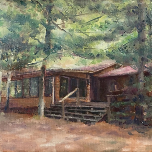 Custom Cottage Paintings, paintings from your photos, vacation cabin or cottage paintings, rustic woodsy paintings by an American artist.