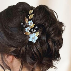 White cold porcelain flowers wedding hair piece, Small floral hair vine with leaves and crystals BJ0009