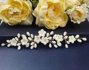 White porcelain wedding hair piece, Large floral headpiece for bridal hairstyle, Long back of the head hair piece BJ0024