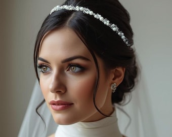 Crystal and pearl bridal headband, Elegant wedding hair piece, Classic pearl hair accessory, Thin handmade hair band – HDB0003
