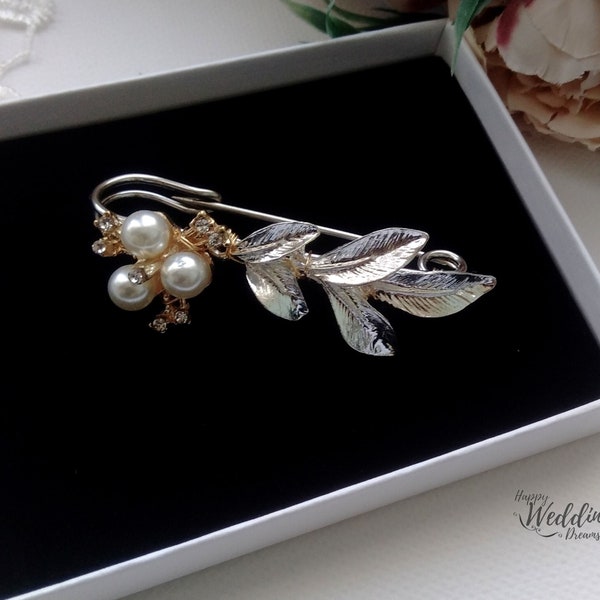 Attache De Traîne Ou Broche De Mariée Turquoise Et Blanche – Fleur Métal Argenté Et Perles