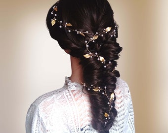 Rustic wedding hair vine with pearls and leaves Antique bridal hair vine Greek style leaf headband V0013