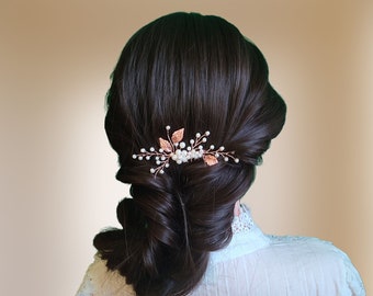 Peigne cheveux mariage champêtre avec perles et feuilles or rose, Bijou de cheveux floral de mariée PG00048