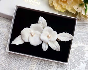 Fermaglio per capelli da sposa con fiori e foglie in porcellana, Gioielli per capelli da sposa, Pettine in porcellana, Accessorio per capelli da sposa da sera HC0005