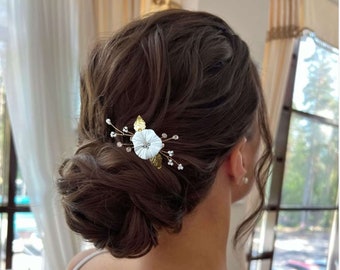 White flower wedding hair pin, Leaf & pearl bridal hair pin, Small floral hair piece for brides or bridesmaids EP0022