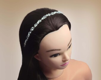 Bandeau de cheveux fin de mariage avec perles et cristal, Headband de mariée romantique, Bijou de cheveux mariage HDB0003