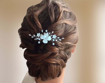 Peigne à cheveux de mariage en cristal et fleurs blanches, Bijou de cheveux floral de mariée romantique PG0012