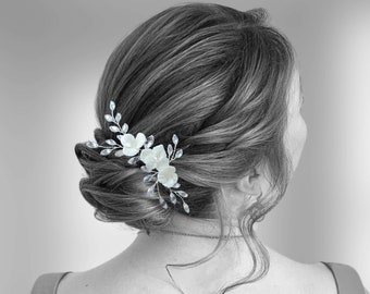 Floral wedding hair comb with rhinestones, Pearl white flower bridal hair comb BJ0002