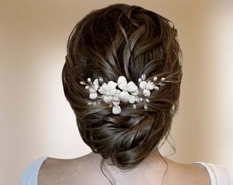 White flowers, freshwater pearls and rhinestones hair piece for bridal hairstyle, Floral wedding hair vine BJ0008