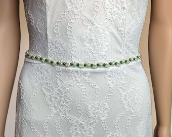 Pearl and crystal wedding dress belt, Fine colored bridal belt, Romantic wedding belt CEN0003