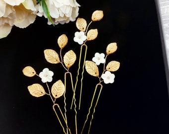 4 pcs Floral wedding hair pins, Bridal hair pins with cold porcelain leaves and flowers, Bridal hair piece EP0011