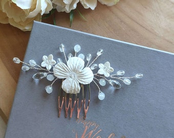 Crystals & White flowers wedding hair comb, Floral bridal hair comb, Romantic bridal headpiece PG0012