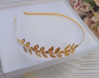 Grecian style Wedding headband with gold leaves, Rustic bridal headband,  Gold Bridal hair piece for short hair ST0003-G