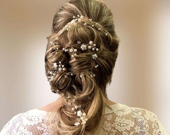 Pearl bridal hair vine with flower accents for bohemian or country chic wedding V0008