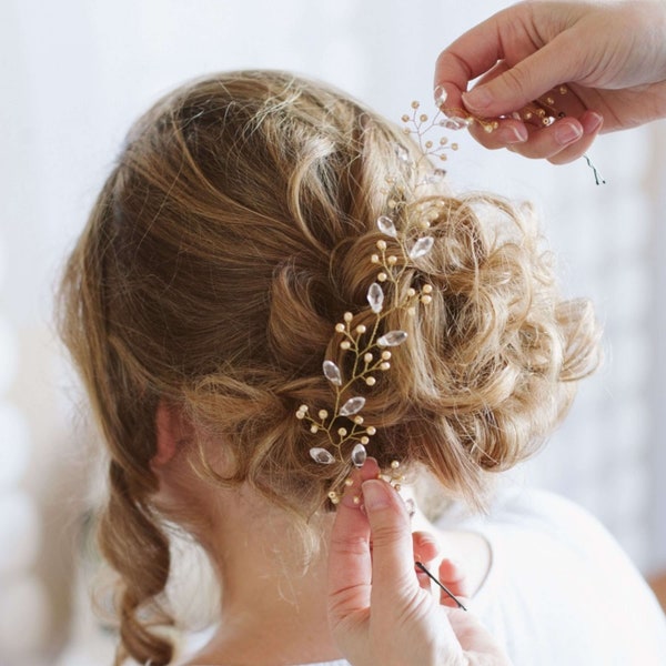 Vigne de cheveux mariage avec perles et cristal Couronne de mariage perlée Bandeau de mariée Bijou de tête V0024