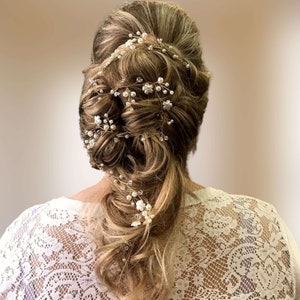 Pearl bridal hair vine with flower accents for bohemian or country chic wedding V0008