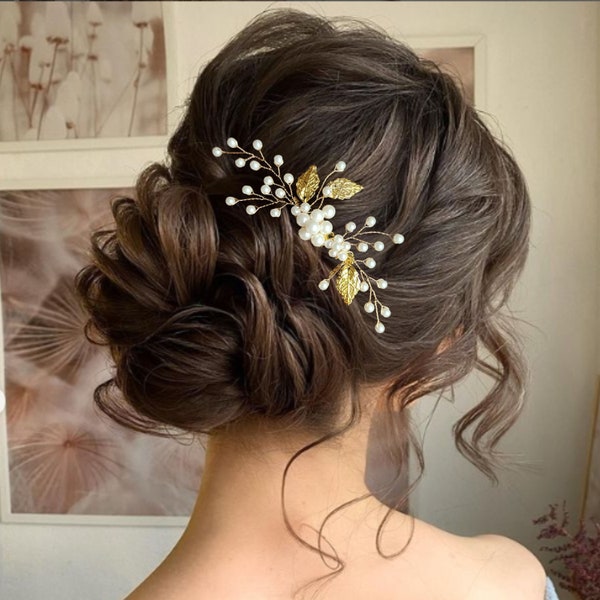 Gold leaf wedding hair comb, Pearl floral bridal hair comb, Wedding headpiece with leaves, Bridal hair jewelry PG0048