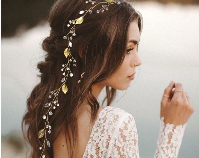 Vigne de cheveux de mariée avec feuilles Bandeau cheveux rustique Couronne perles et cristal Bijou cheveux mariage V0025