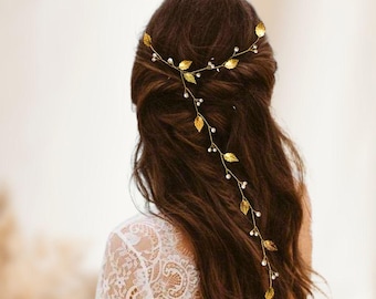 Bohemian wedding leaf hair vine, Antique style bridal headband, Boho wedding hair accessory with leaves and pearls V0003