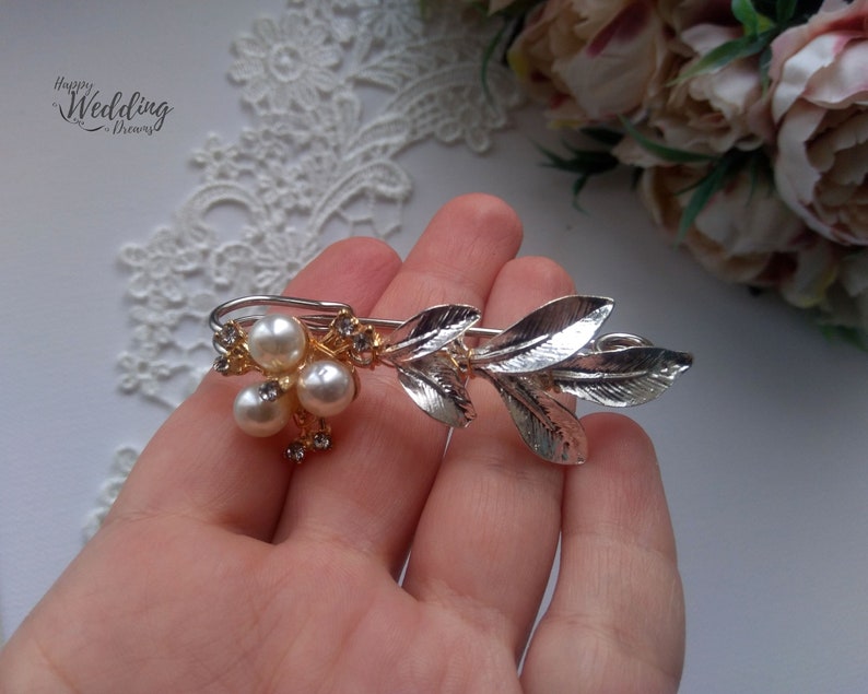 Bridal dress train clip, Floral Wedding train pin, Leaf Train brooch, Bridal gown back train brooch AT0010 image 2