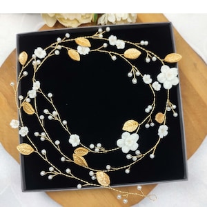 Wedding hair vine with porcelain flowers and leaves, White ceramic flowers bohemian bridal headband, Flower bridal hair piece  V0002