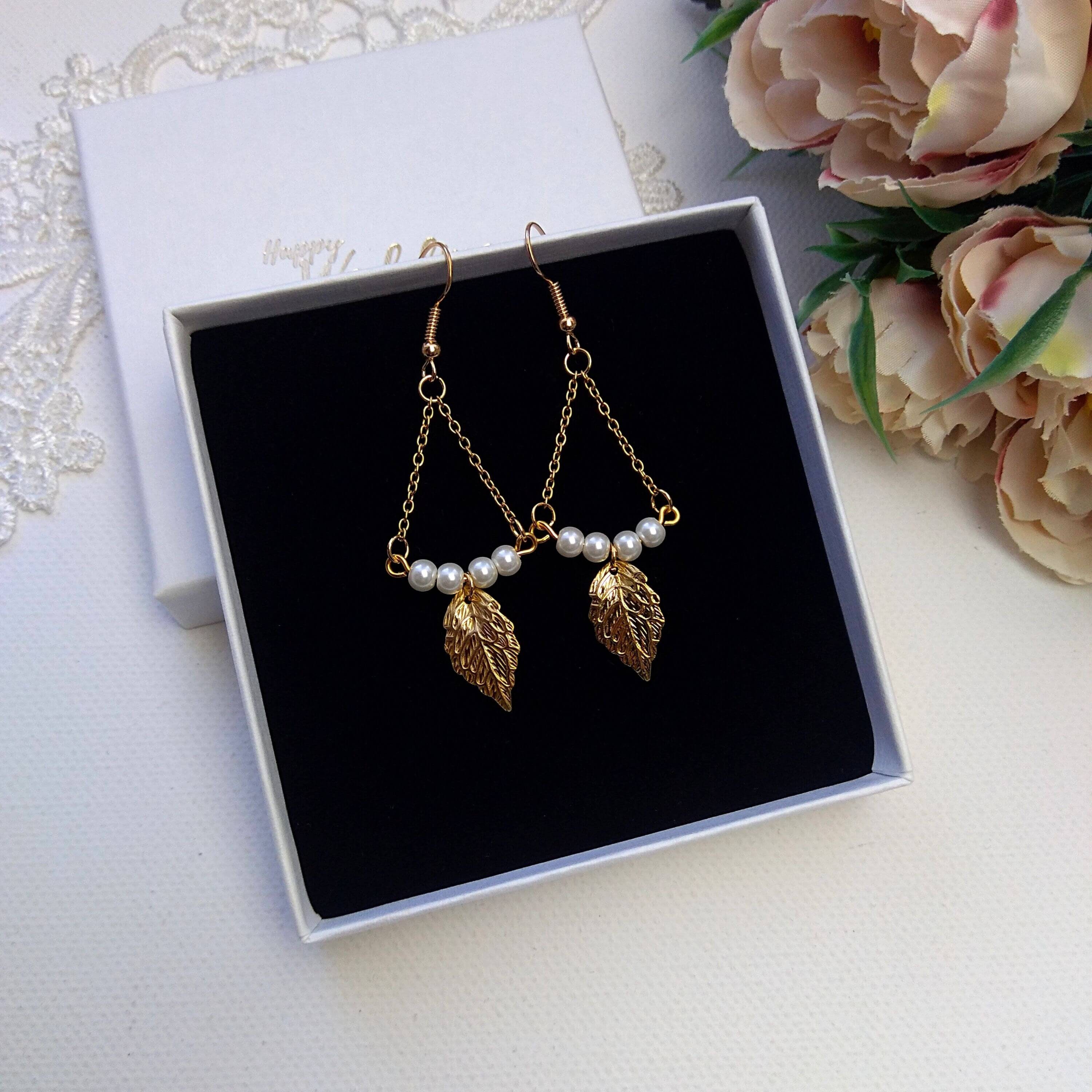 Boho Bridal Earrings Pearl Wedding Earrings With Leaves Etsy