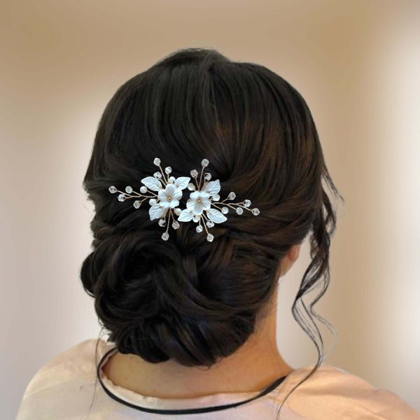 Épingle cheveux mariage avec fleur et feuilles, Épingles chignon mariée ou demoiselle d'honneur, Bijou cheveux perles EP0014a