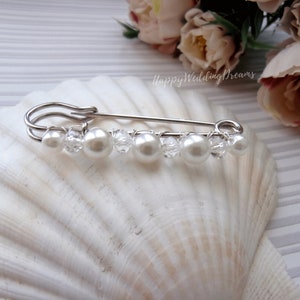 Wedding train pin, Bridal dress train clip, Pearl & crystal train brooch, Bridal gown back train brooch AT0001