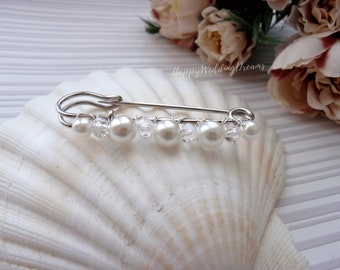 Wedding train pin, Bridal dress train clip, Pearl & crystal train brooch, Bridal gown back train brooch AT0001