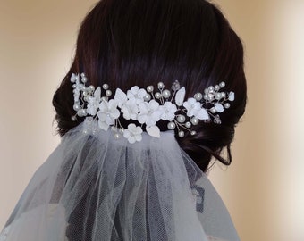 Bridal hair vine with pearls and polymer clay flowers and leaves, Floral hair piece for country wedding VCH0016