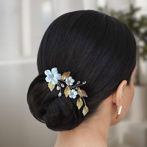 Short floral hair vine with cold porcelain flowers, leaves and crystals, White flowers wedding hair piece for brides or bridesmaids BJ0009