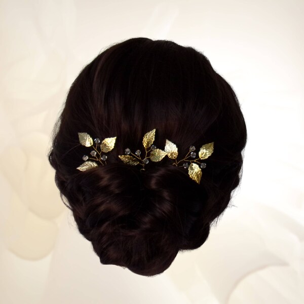 3pcs Épingles à chignon avec feuilles et cristal  Pics à chignon mariage Bijou cheveux mariée Épingles à cheveux feuilles "Yvona" EP0004