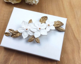 Wedding flower hair piece with gold leaves and white cold porcelain flowers, Gold leaf floral bridal hair comb BJ0022